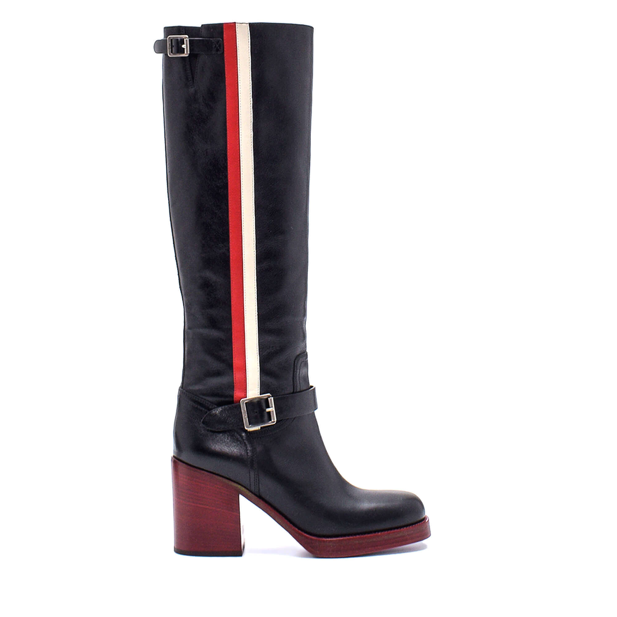 Christian Dior - Black Leather Buckle Fastening Striped Diorider Tall Boots